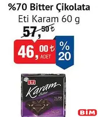 ETİ KARAM %70 BİTTER ÇİKOLATA 60 G fiyat ve kampanya bilgisi